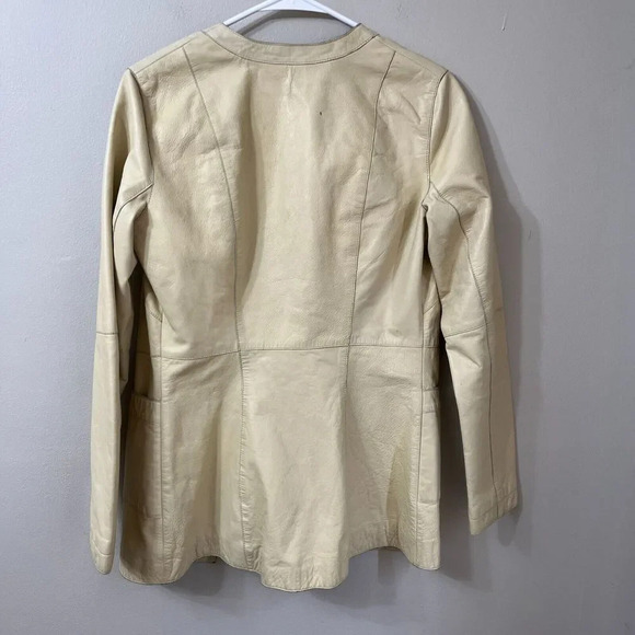 Designer Unique Women Biege Cosmo Bella Leather Biker Jacket Classic Pockets Vtg - Picture 9 of 11